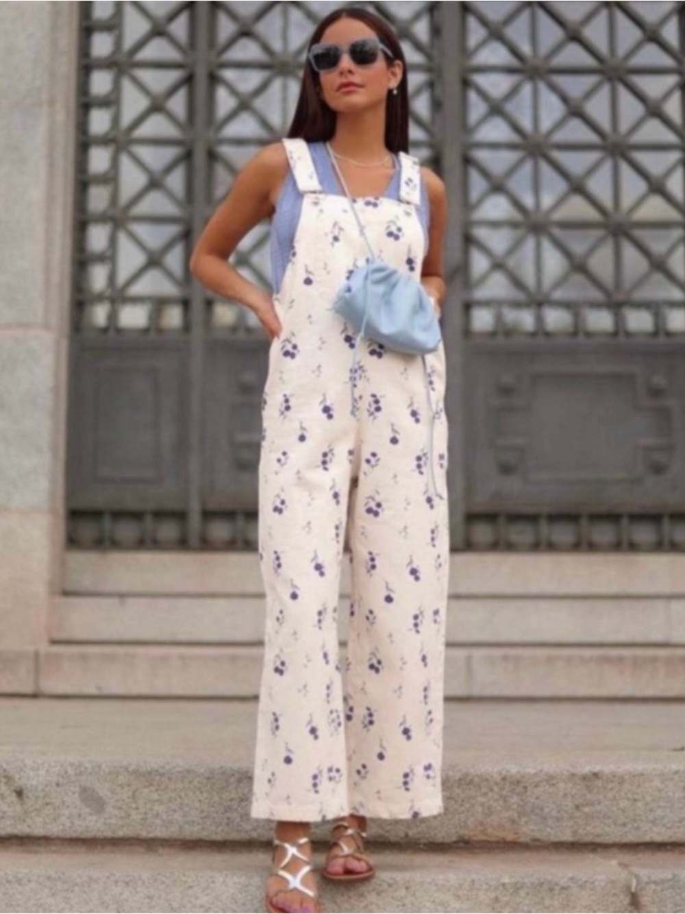 Zara Ecru Cream Floral Wide-Leg Romper with Blue Florals- Bloggers Favorite